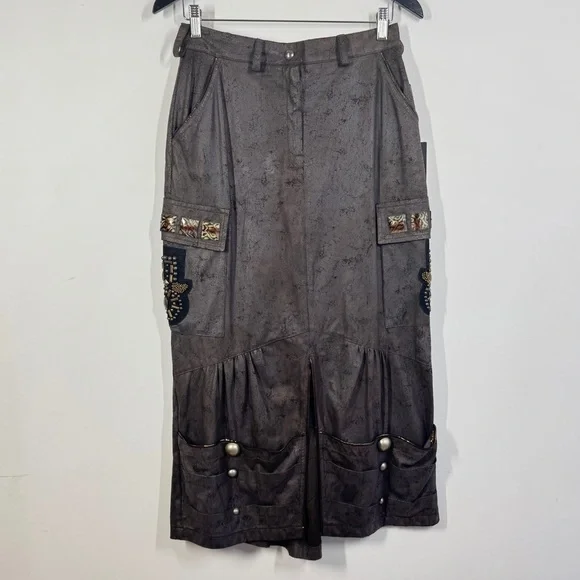 Camelot Italy Brown Cargo Midi Skirt Size S Embellished Utility Boho Grunge - Picture 2 of 16